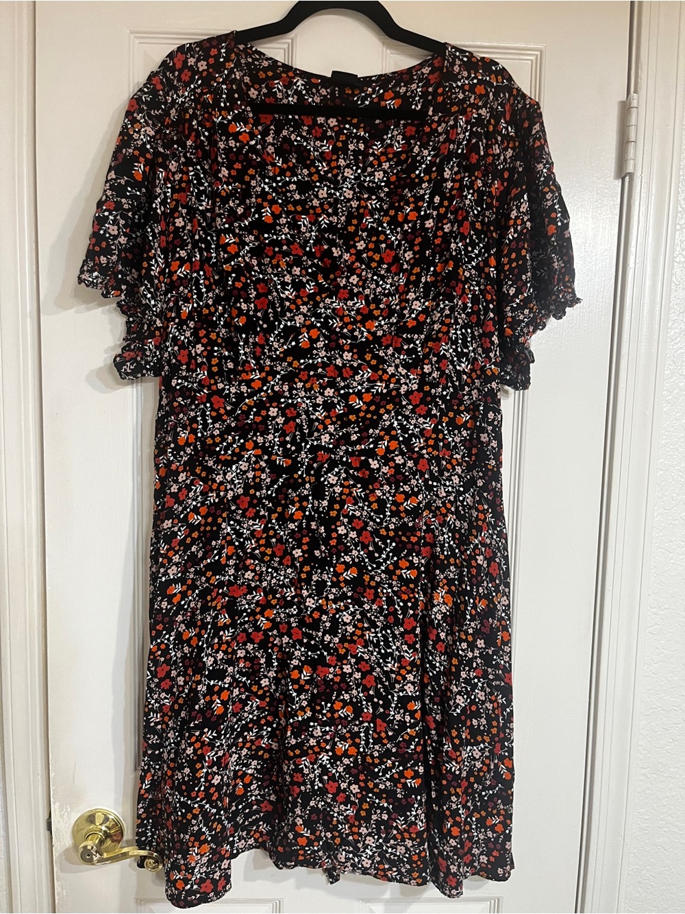City Chic Black Floral Midi Dress with Red & Orange Blooms